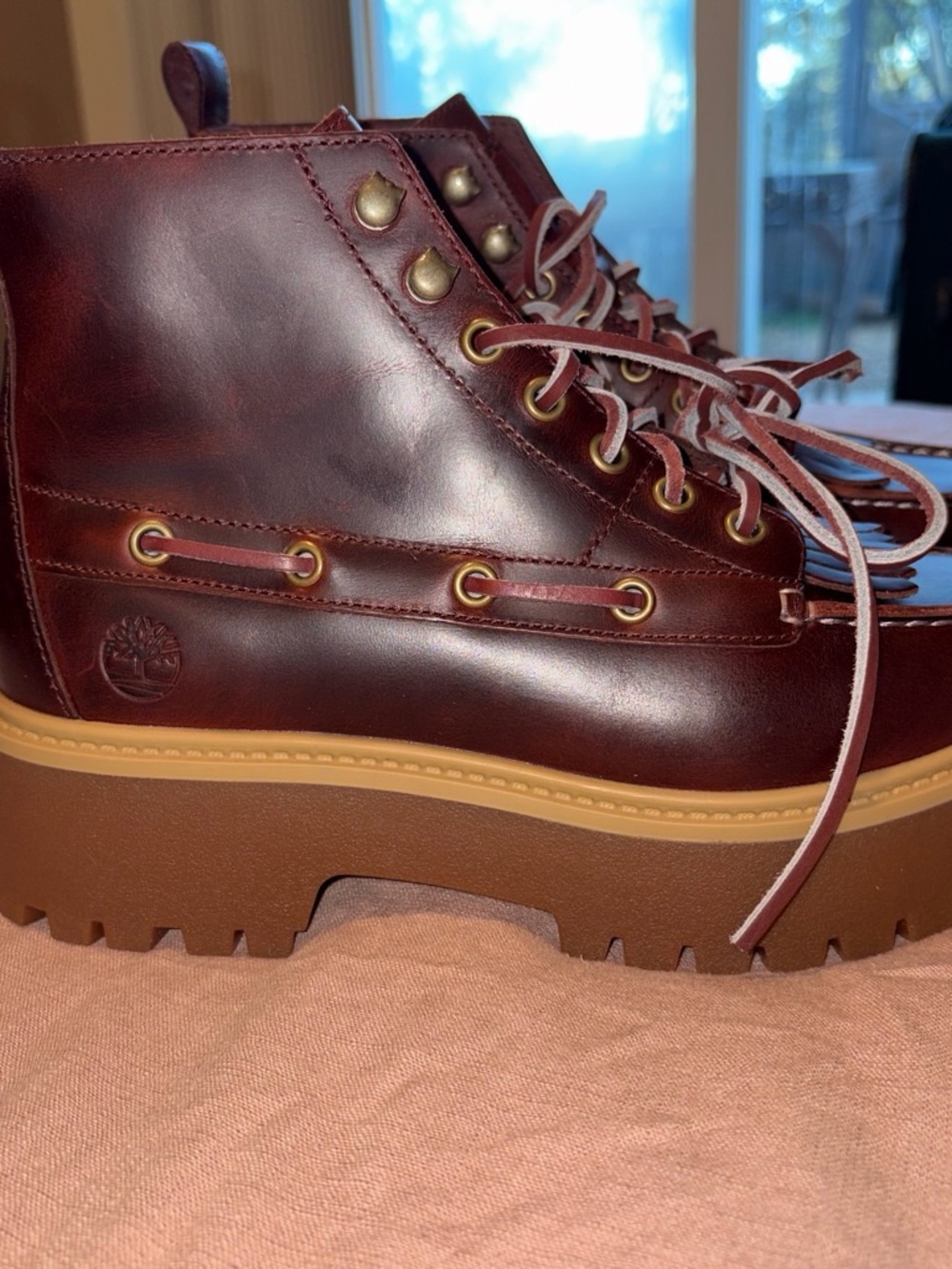Timberland Women's Burgundy Leather Platform Lug Boots with Tan Sole